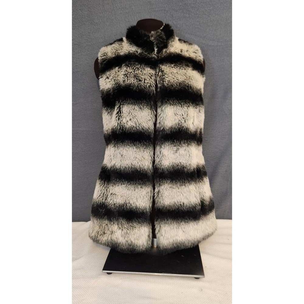 Rachel Zoe Women’s XXS Black Cream Pockets Faux Fur Hook Close Sleeveless Vest